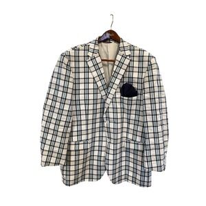 Linea Uomo Mens 54L Seersucker Plaid Sport Coat Blazer Cotton Blue White 54 Long